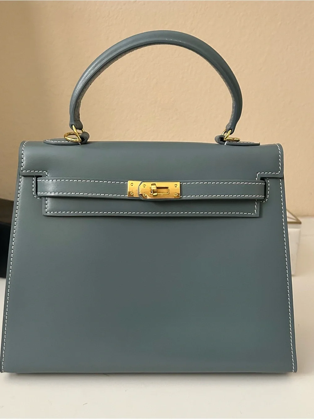25cm Gold on Slate Blue Box Leather Top-Handle Satchel KL Style